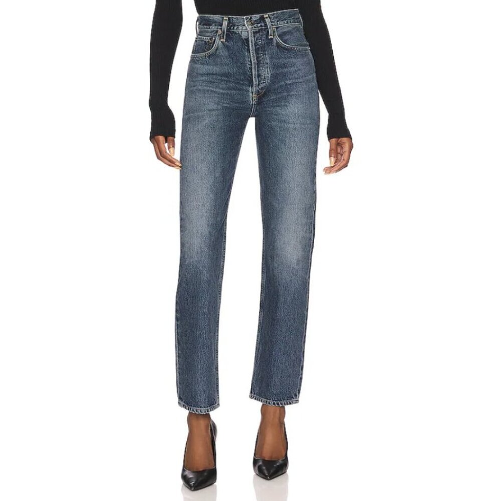 Agolde High Rise Straight Jeans in Medium Wash Blue